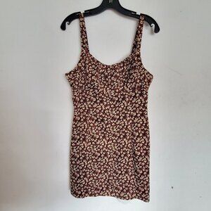 DECO Brown Cream Tan Floral Sleeveless Tank Mini Sun Summer Sheath Dress Small